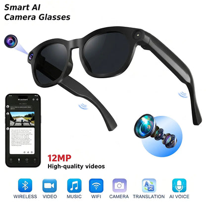 Wearable AI Smart Glasses - 12MP HD Camera for Video/Photo Capture, Real-Time Translation, AI Assistant, Open Earmug Design, Audio & Object Recognition (Sunglasses/Transparent)