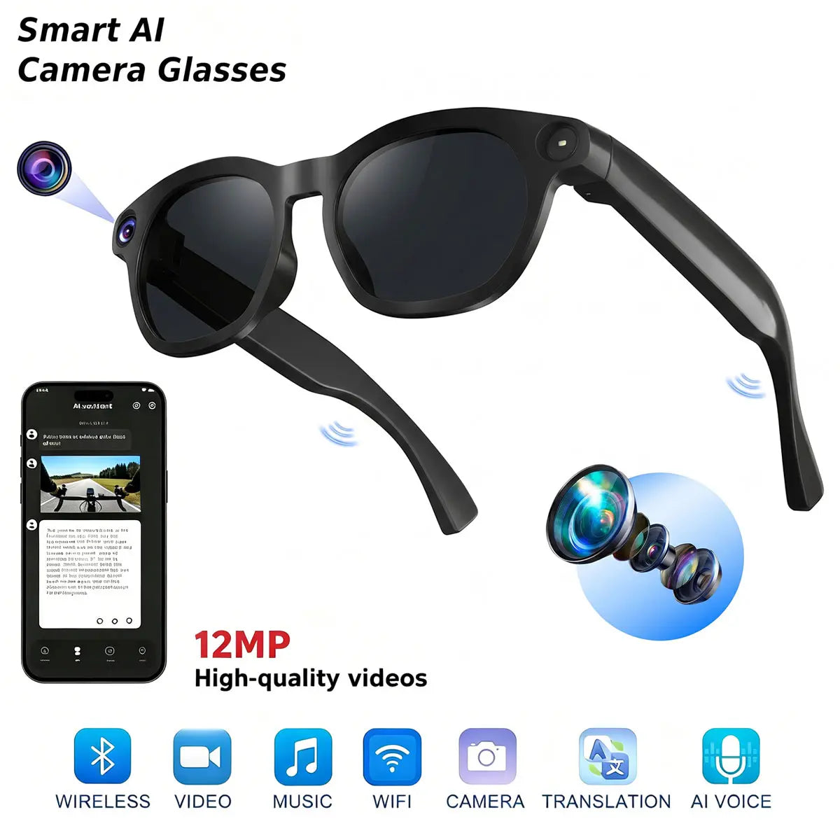 Wearable AI Smart Glasses - 12MP HD Camera for Video/Photo Capture, Real-Time Translation, AI Assistant, Open Earmug Design, Audio & Object Recognition (Sunglasses/Transparent)